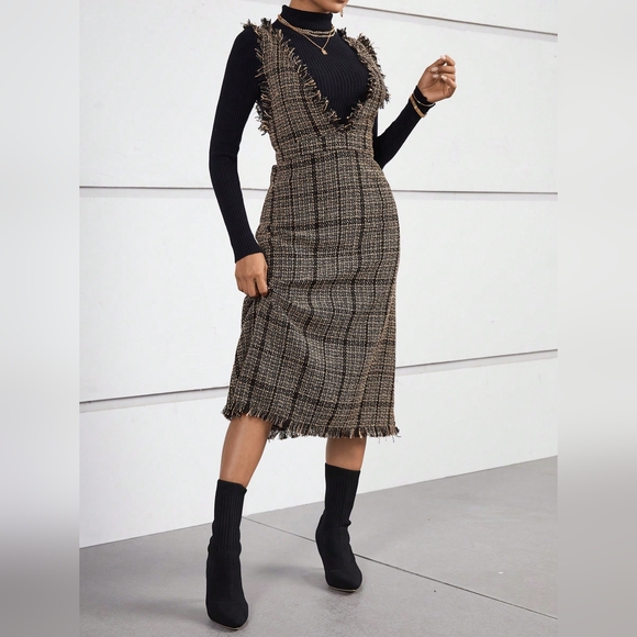 Plaid Print Raw Trim Overall Dress Without Belt - Picture 3 of 4